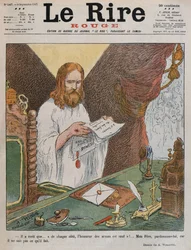 Jesus Kristus läser den fredsplan som utfärdats av påven Benedictus XV, illustration på framsidan av "Le Rire Rouge", 8 september 1917.